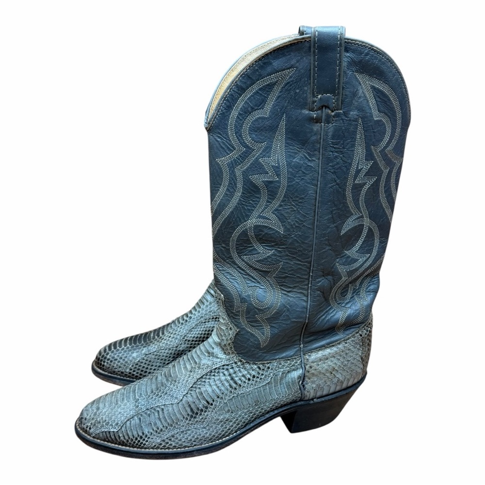 Vtg Dan Post men 10D Exotic Python Snakeskin Cowboy Western Boot Grey Leather